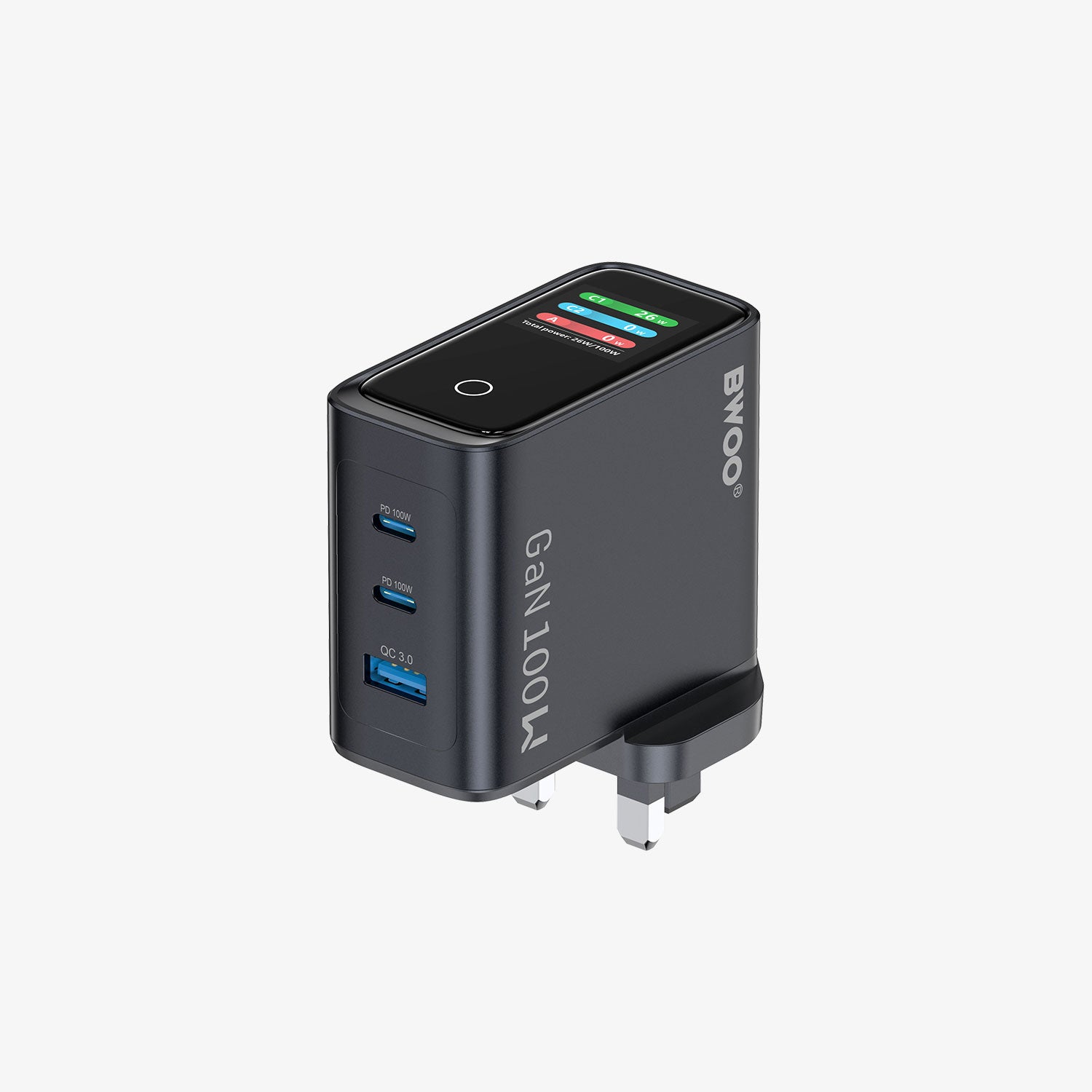 BWOO 100W 3 Ports GaN Smart Display Charger (UK Plug) CDA270
