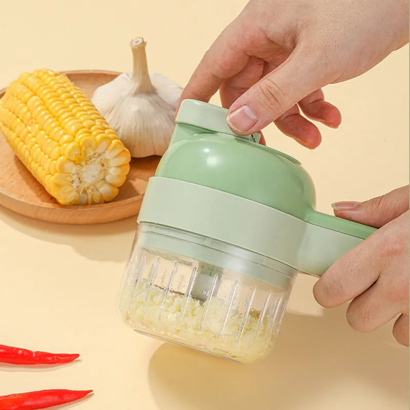 4 In 1 Garlic Press Slicer Handheld Electric Chopper Vegetable Cutter Set Portable Garlic Mud Masher Wireless Slicer Green/White