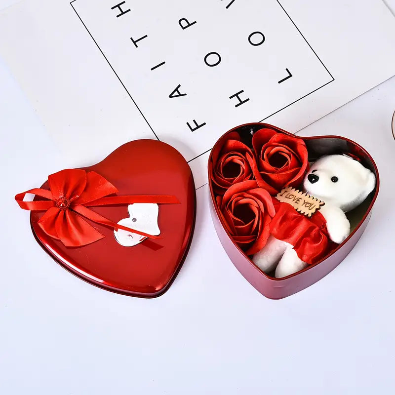 Valentine Heart Box With Bear & Roses