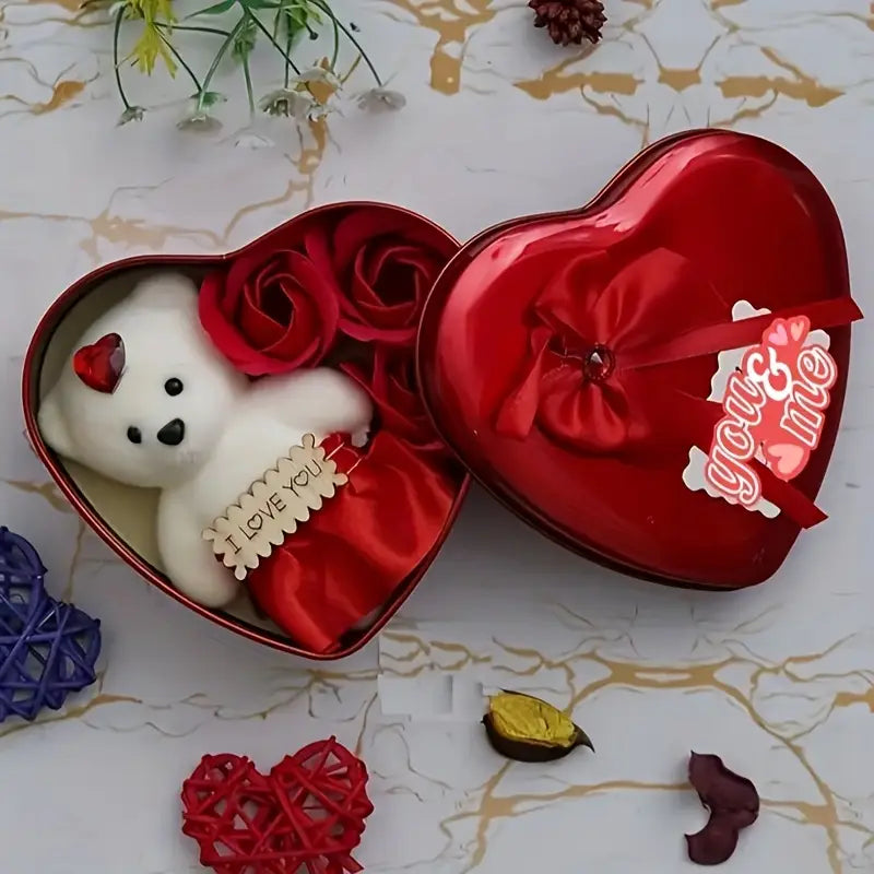 Valentine Heart Box With Bear & Roses