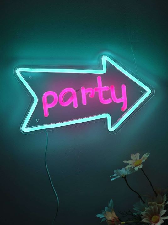 Neon Party Sign With Arrow (Pointing Right)