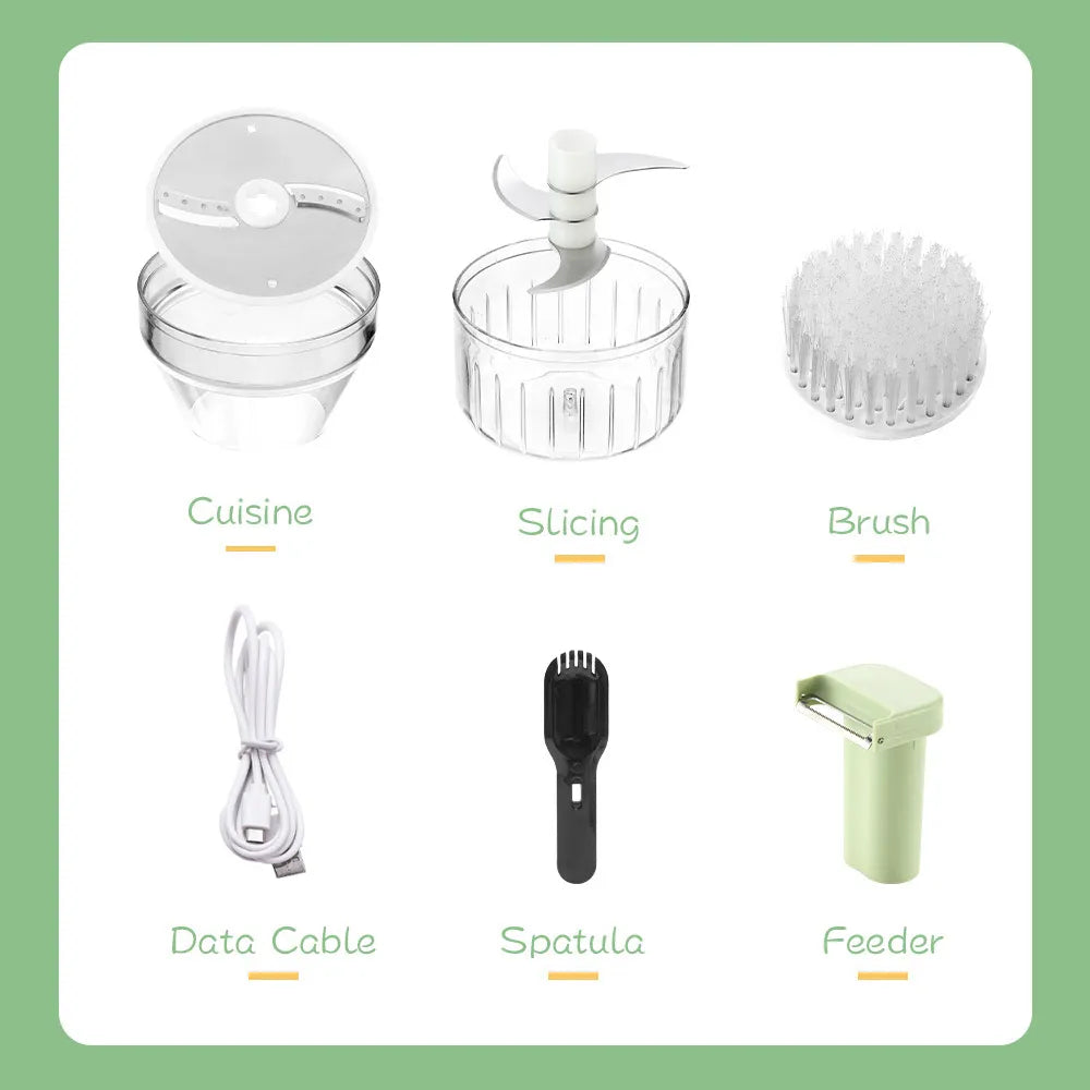 4 In 1 Garlic Press Slicer Handheld Electric Chopper Vegetable Cutter Set Portable Garlic Mud Masher Wireless Slicer Green/White