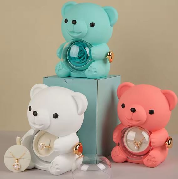 Sitting Bear With Preserved Rose & Rotating Jewellery Dome