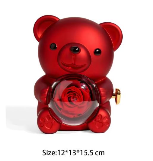 Sitting Bear With Preserved Rose & Rotating Jewellery Dome