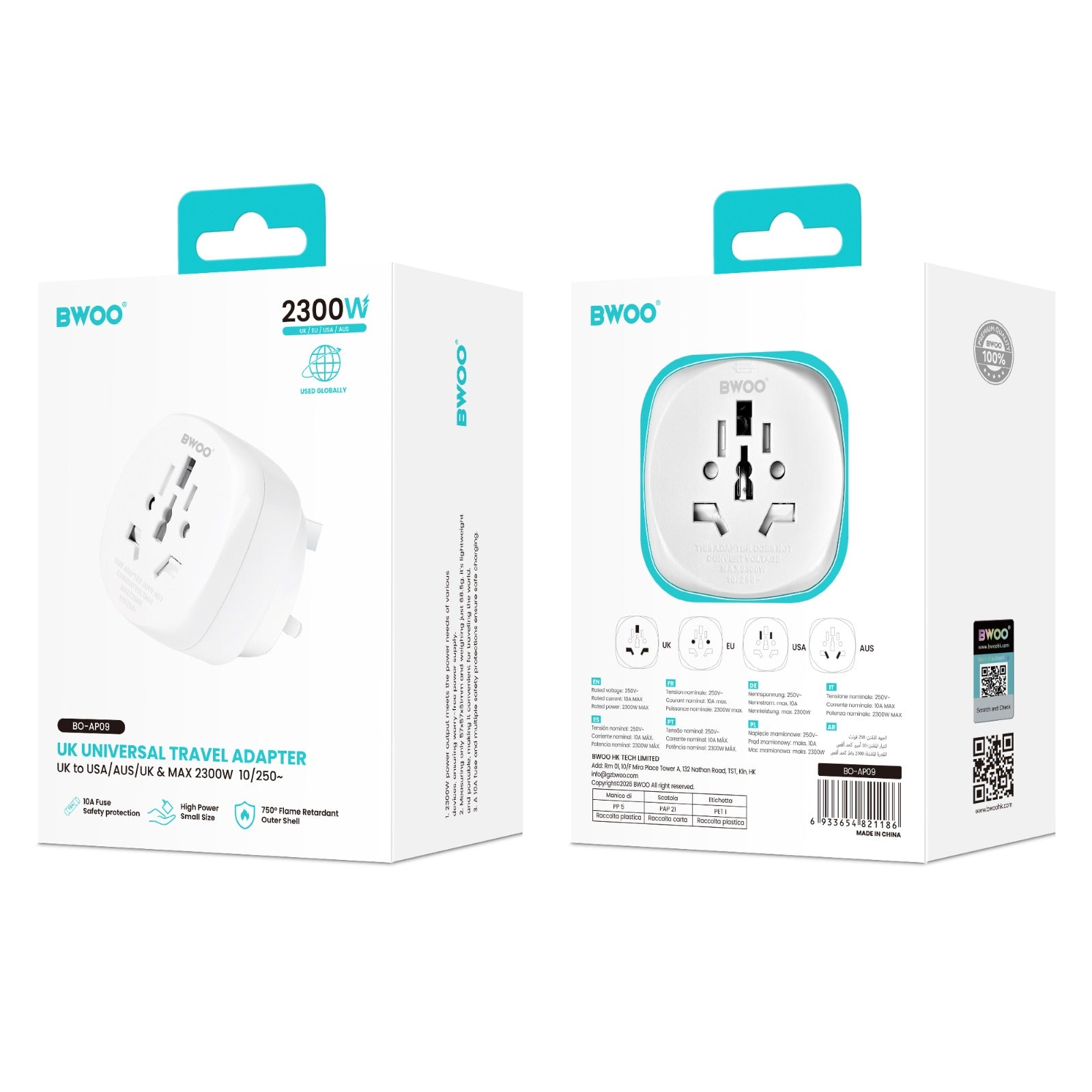 BWOO UK Universal Travel Adapter 2300W BO-AP09